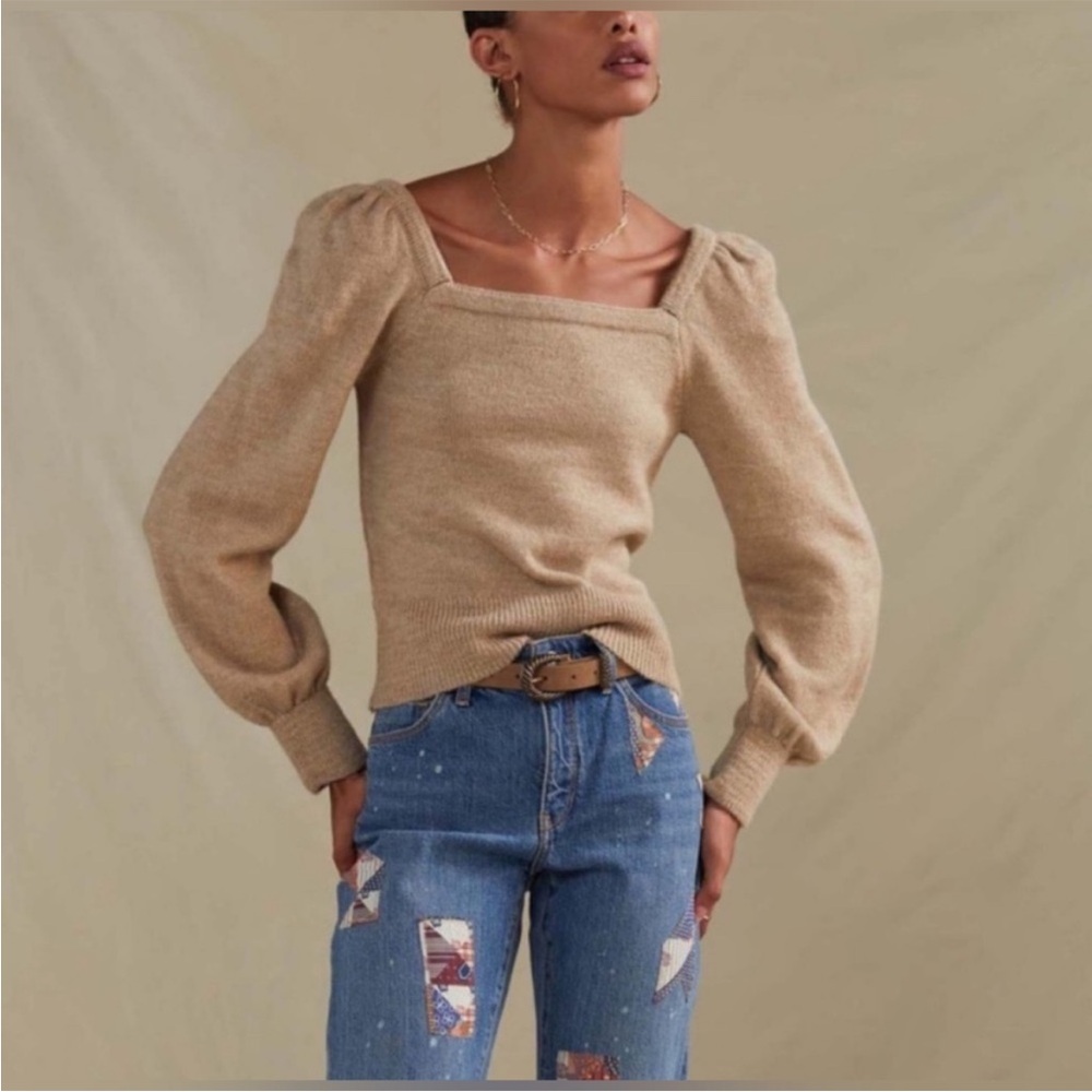 Anthropologie Sweater Square Neck Balloon Puff Sleeve